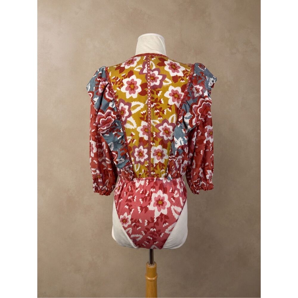 FARM Rio M Floral Puff Sleeve Bodysuit Red Boho Ruffle V-Neck Anthropologie - Picture 4 of 12